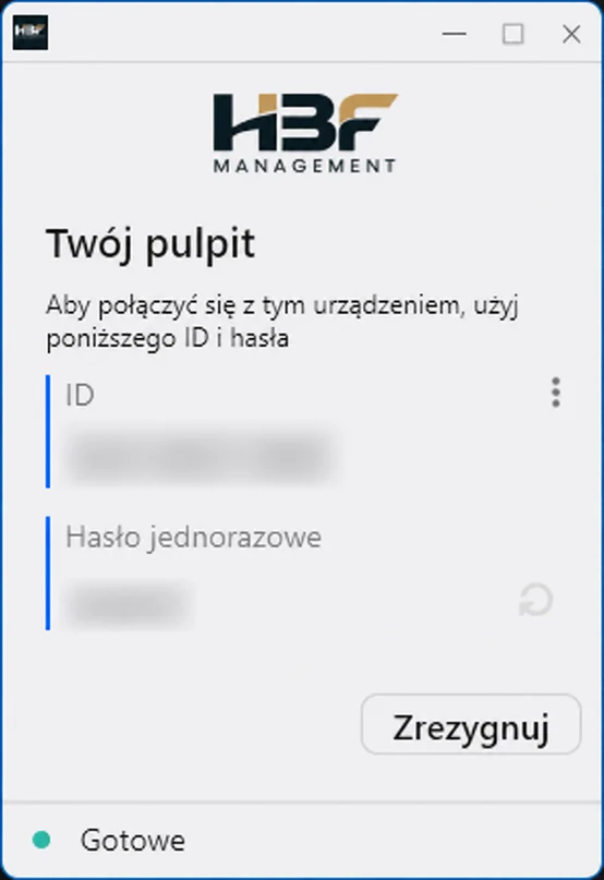 Okno aplikacji pomocy HBF dla Windows. Identyfikator i hasło są ukryte na przykładowej grafice.